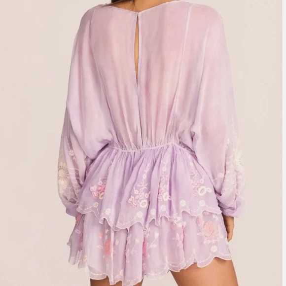 LoveShackFancy x Free People Bridgely XS Lilac Purple Embroidered Chiffon Mini